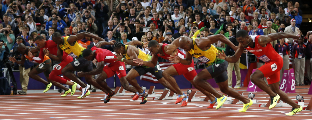 Asafa Powell, Tyson Gay, Yohan Blake et Justin Gatlin étaient tous au départ du 100 mètres olympique de Londres