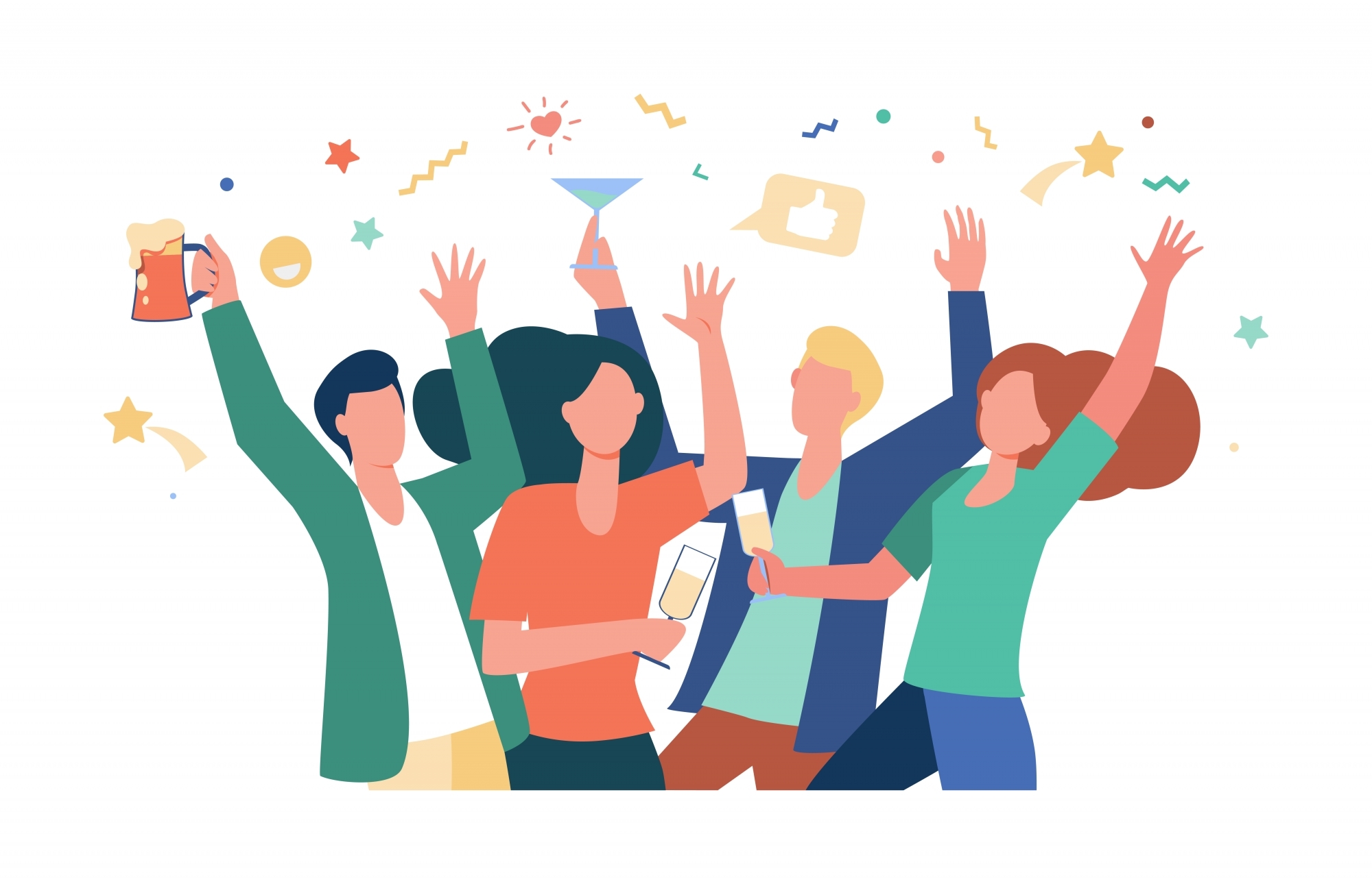 Happy friends celebrating event together. Croup of people enjoying party, dancing, drinking alcohol. Vector illustration for friendship, leisure time, having fun concept