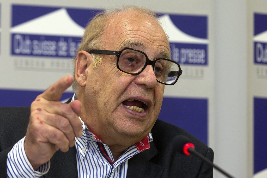 Jean Ziegler, member of Human Rights Council Advisory Committee, comments the book untitled Jean Ziegler " The life of a rebel " a biography on him, during a press conference at the Geneva Press Club, in Geneva, Switzerland, Monday, December 17, 2012. (KEYSTONE/Salvatore Di Nolfi)