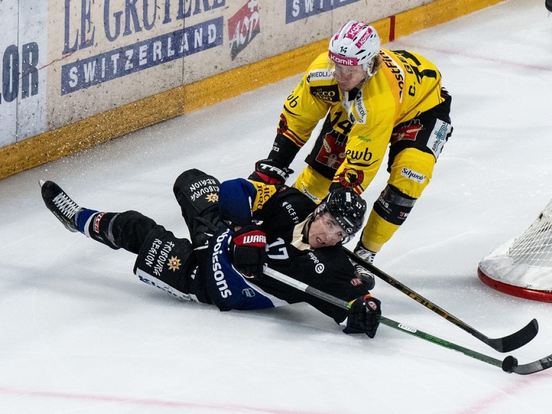 À l'image de Janne Kuokkanen (en noir) ici au duel avec Colin Gerber, les Fribourgeois ont chuté face à Berne.