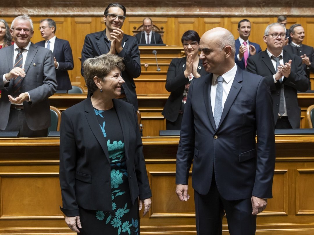 Le nouveau président de la Confédération Alain Berset avec la vice-présidente Viola Amherd le 7 décembre après leur élection.