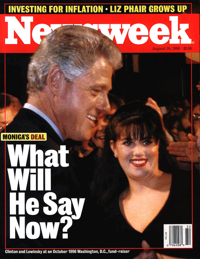 The cover of the August 10, 1998 issue of Newsweek magazine shows President Clinton and Monica Lewinsky at an October 1996 fundraiser in Washington D.C. With pressure growing for President Clinton to explain his relationship with  Lewinsky, the White House Monday, Aug. 3, 1998, decided to go to the Supreme Court seeking to block testimony by presidential confidant Bruce Lindsey. (AP Photo/Newsweek)