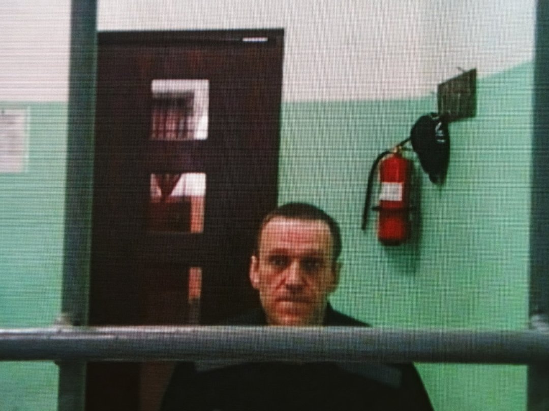 La rapporteuse de l'ONU dénonce les condamnations d'opposants comme Alexei Navalny, ici lors de son jugement en appel devant la Cour suprême de Moscou depuis sa prison en juin 2023.