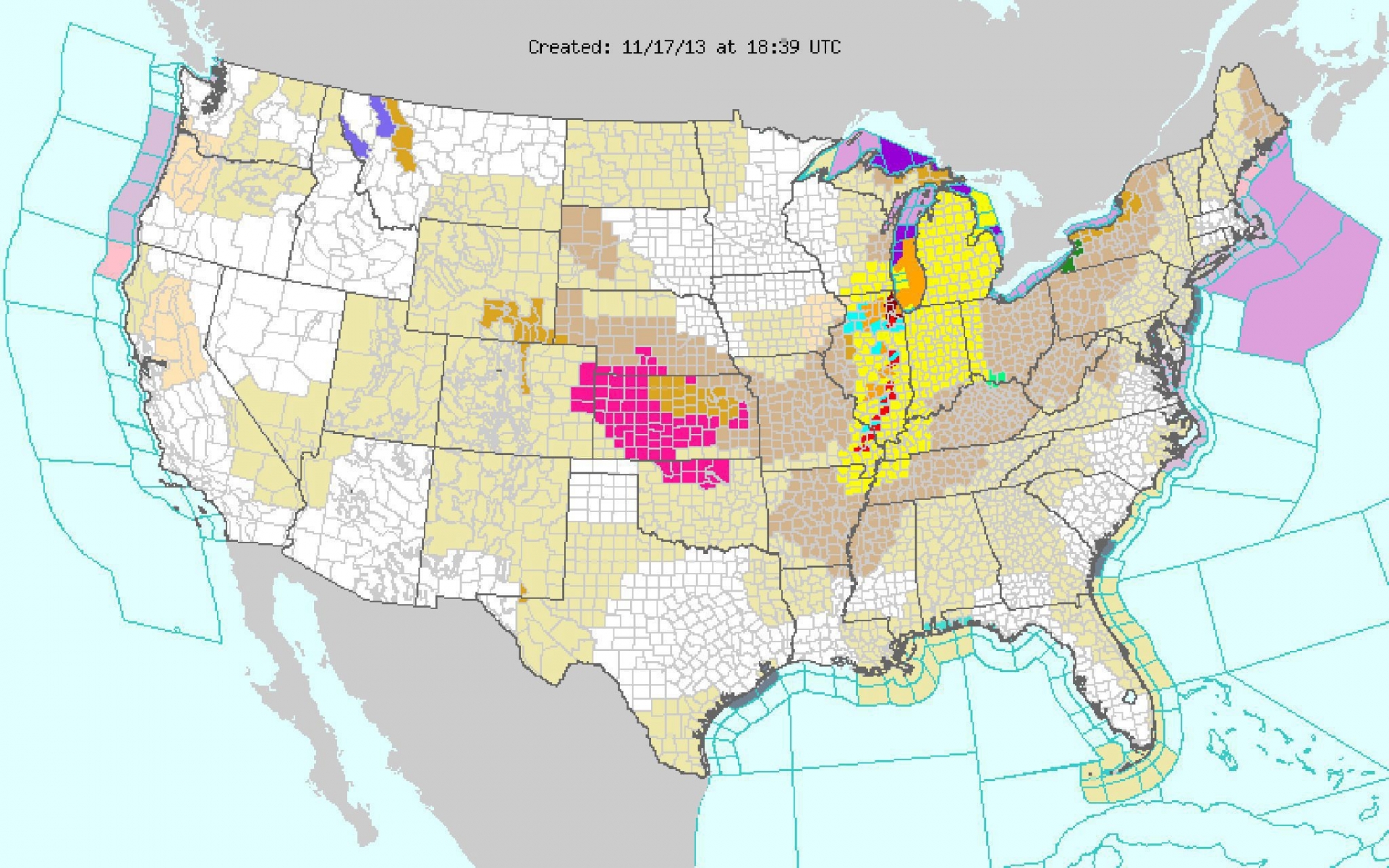 Une carte des prévisions météorologiques publiée par l'US National Weather Service le 17 November 2013.