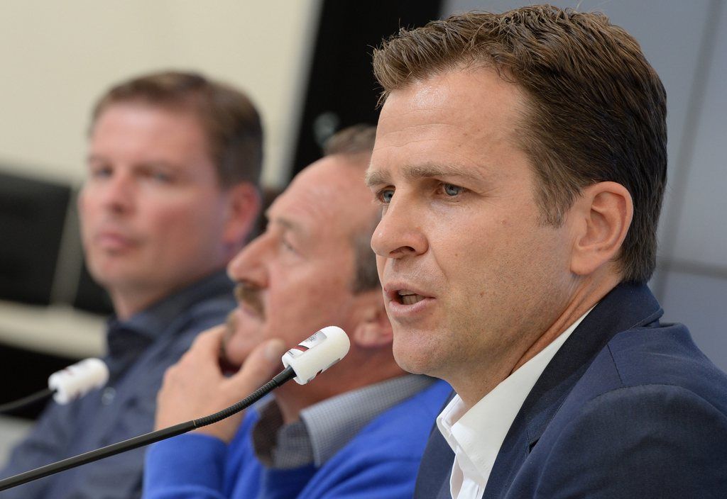 Jens Grittner (from L), Johann Ramoser of the Bozen police and team manager Oliver Bierhoff of the German national soccer team attend a press conference on a training compound at St. Leonhard in Passeier, Italy, 28 May 2014. A car accident during a sponsor event at Germany's World Cup training camp, in which two people were injured, will not affect the team's preparations for the tournament in Brazil, general manager Oliver Bierhoff said 28 May.  EPA/ANDREAS GEBERT