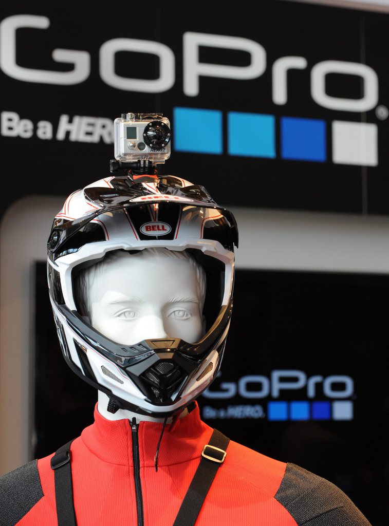 epa03373519 A camera by US manufacturer GoPro mounted to a BMX helmet is seen at the trade fair Eurobike in Friedrichshafen at Lake Constance, Germany, 29 August 2012. A total of 1250 exhibitors from 49 countries present their products at the world's biggest cycling trade fair.  EPA/PATRICK SEEGER