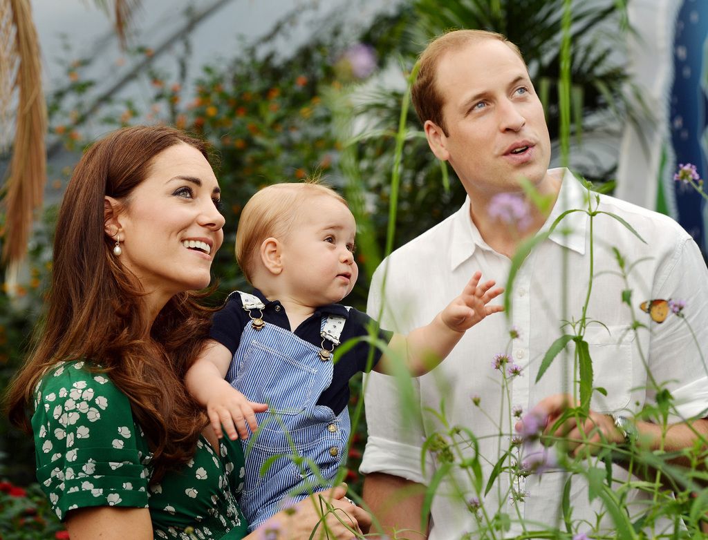 This photo taken Wednesday, July 2, 2014, and released Monday, July 21, 2014, to mark Prince George's first birthday, shows Britain's Prince William and Kate Duchess of Cambridge and the Prince during a visit to the Sensational Butterflies exhibition at the Natural History Museum, London. (AP Photo/John Stillwell, Pool)