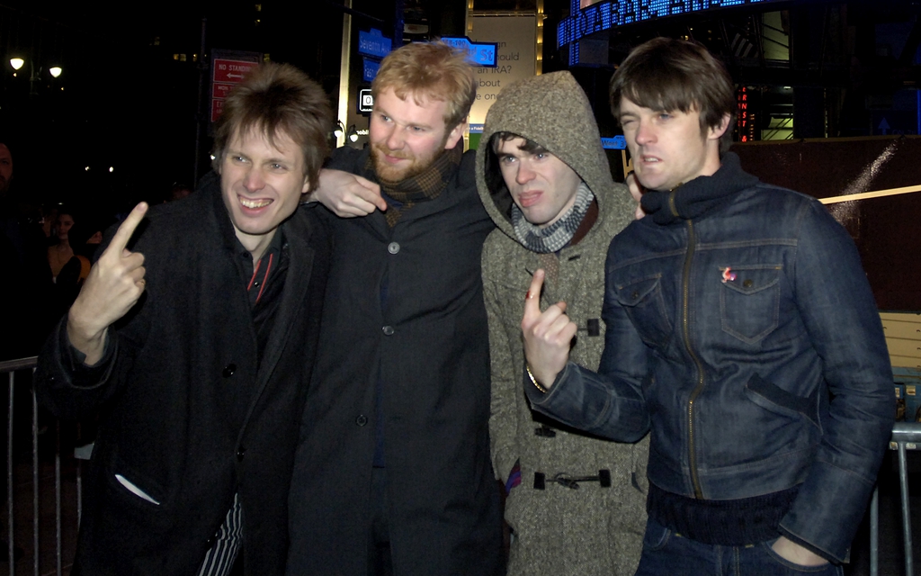 Members of the Scottish rock band Franz Ferdinand, from left, lead singer/lead guitar Alexander Kapranos, bassist Bob Hardy, drummer Paul Thomson and guitarist Nick McCarthy pose outside Fuse network's new studio, Monday, March 20, 2006 in New York.  Franz Ferdinand will kick off a North American tour March 22, in Portland, Ore.  (AP Photo/Jason DeCrow)