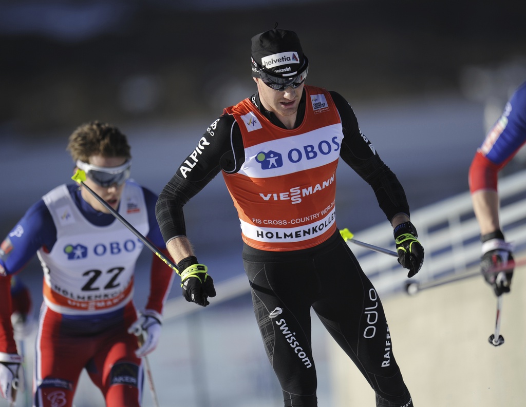 Dario Cologna, Switzerland, in action during 50km freestyle World Cup cross country ski event at the Holmenkollen Ski Arena in Oslo Saturday March 14, 2015. (AP Photo/Jon Olav Nesvold / NTB scanpix)  NORWAY OUT