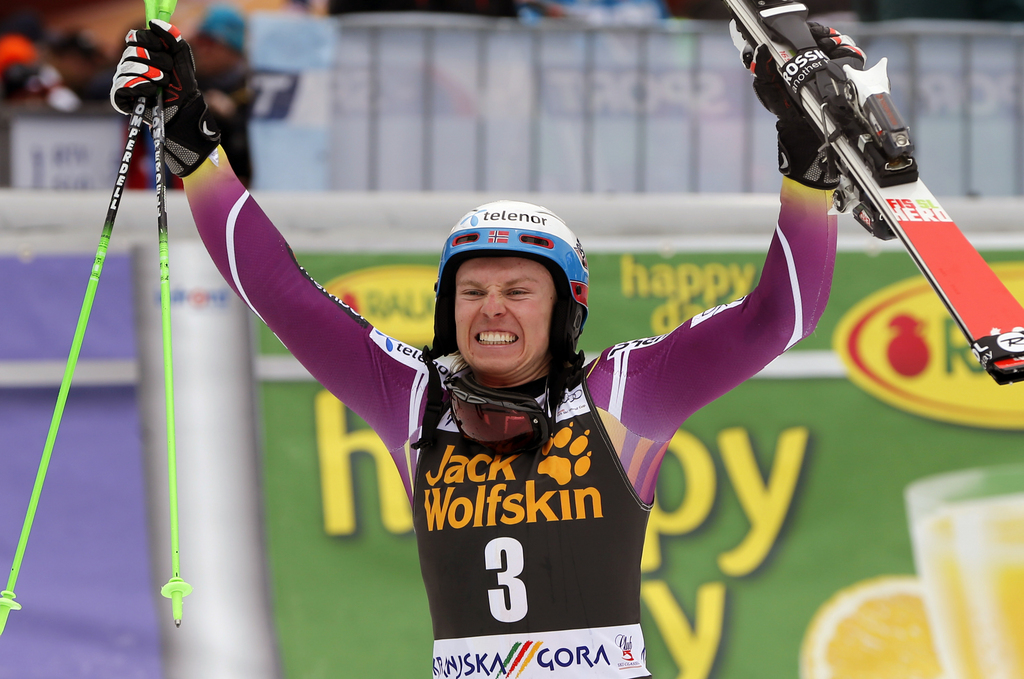 Norway's Henrik Kristoffersen celebrates after winning an alpine ski, men's World Cup slalom competition, in Kranjska Gora, Slovenia, Sunday, March 15, 2015. (AP Photo/Marco Trovati)