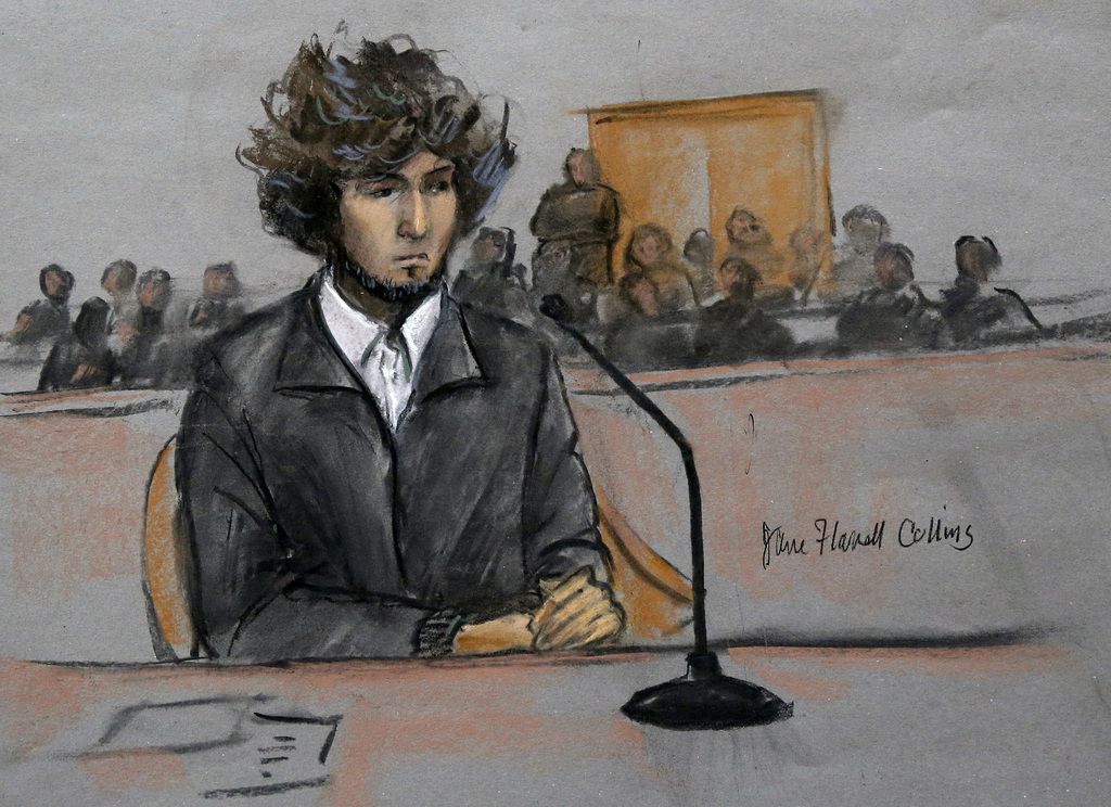 FILE - In this Thursday, Dec. 18, 2014 courtroom sketch, Boston Marathon bombing suspect Dzhokhar Tsarnaev sits in federal court in Boston for a final hearing before his trial begins in January. On Friday, May 15, 2015, Dzhokhar Tsarnaev was sentenced to death by lethal injection for the 2013 Boston Marathon terror attack. Some analysts worry that Tsarnaev's eventual execution could inspire more attacks. But others, including Islamic leaders, say no: Tsarnaev was more of a lone wolf with a low profile among radical jihadists and no known links to the Islamic State group, al-Qaida or other influential terror organizations. (Jane Flavell Collins via AP, File)