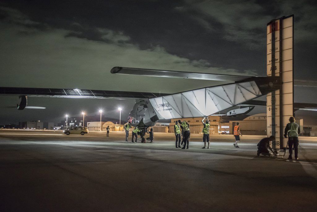epa04823268 A handout photograph provided by Solar Impulse shows Solar Impulse 2 being prepared for take off from Nagoya with Andre Borschberg at the controls, in Nagoya, Japan, 28 June 2015. The solar-powered plane took off early 29 June for Hawaii after an unexpected month-long stop in central Japan due to bad weather conditions. The Solar Impulse 2 departed shortly after 3 am (1800 GMT Sunday) from a small airport in Nagoya, where it had been forced to land on the way from Nanjing in eastern China in early June.  EPA/SOLAR IMPULSE / JEAN REVILLARD / REZO / HANDOUT  HANDOUT EDITORIAL USE ONLY/NO SALES