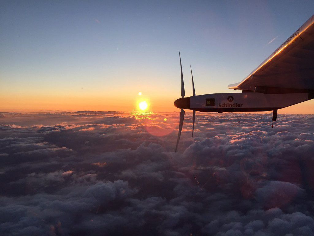 epa04827299 A handout photograph provided by Solar Impulse shows the Solar Impulse 2 plane after taking off from the international airport in Nagoya, Japan, on 29 June  2015. The solar-powered plane took off early 29 June for Hawaii after an unexpected month-long stop in central Japan due to bad weather conditions. The Solar Impulse 2 departed shortly after 3 am (1800 GMT Sunday) from a small airport in Nagoya, where it had been forced to land on the way from Nanjing in eastern China in early June.  EPA/SOLAR IMPULSE / JEAN REVILLARD / REZO / HANDOUT  HANDOUT EDITORIAL USE ONLY/NO SALES HANDOUT EDITORIAL USE ONLY/NO SALES