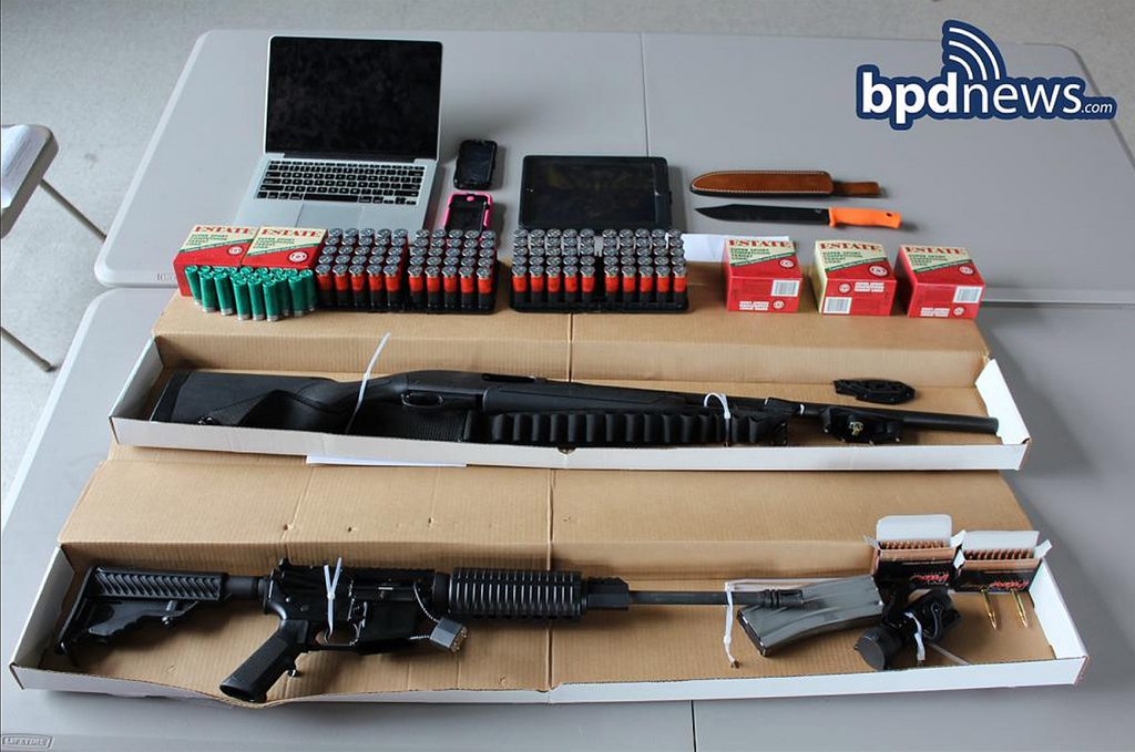 epa04895984 Handout image released 24 August 2015 by the Boston Police Department showing weapons and ammunition seized by police from a vehicle after two men threatened on social media to kill attendees of the Pokemon World Championship at the Hynes Convention Center in Boston, Massachusetts, USA, 22 August 2015. Police arrested Kevin Norton and James Stumbo were arrested after police found a shotgun, an AR-15, several hundred rounds of ammunition and a hunting knife in their vehicle.  EPA/BOSTON POLICE DEPARTMENT / HANDOUT  HANDOUT EDITORIAL USE ONLY/NO SALES