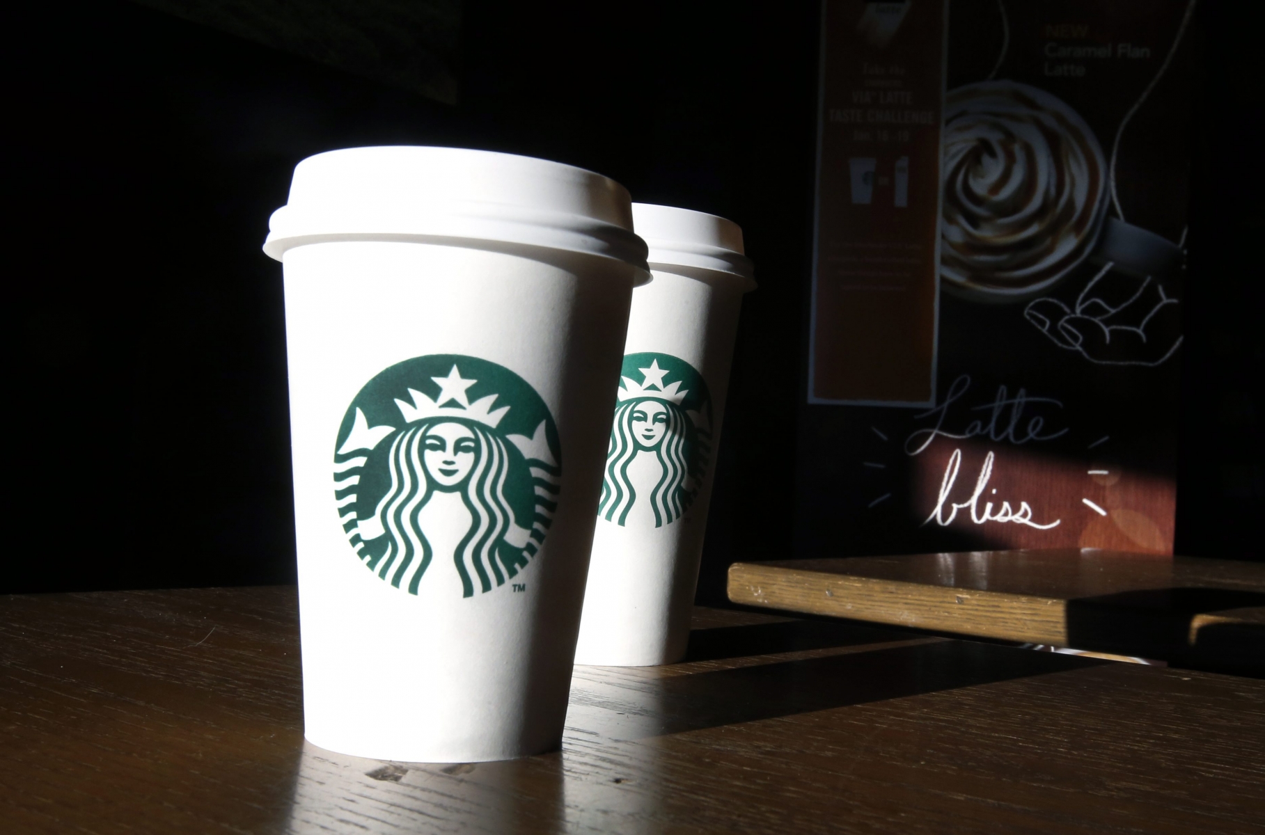 This Friday, Jan. 17, 2014,  photo, shows Starbucks mugs in a cafe in North Andover, Mass. Starbucks reports quarterly earnings on Thursday, Jan. 23, 2014. (AP Photo/Elise Amendola)