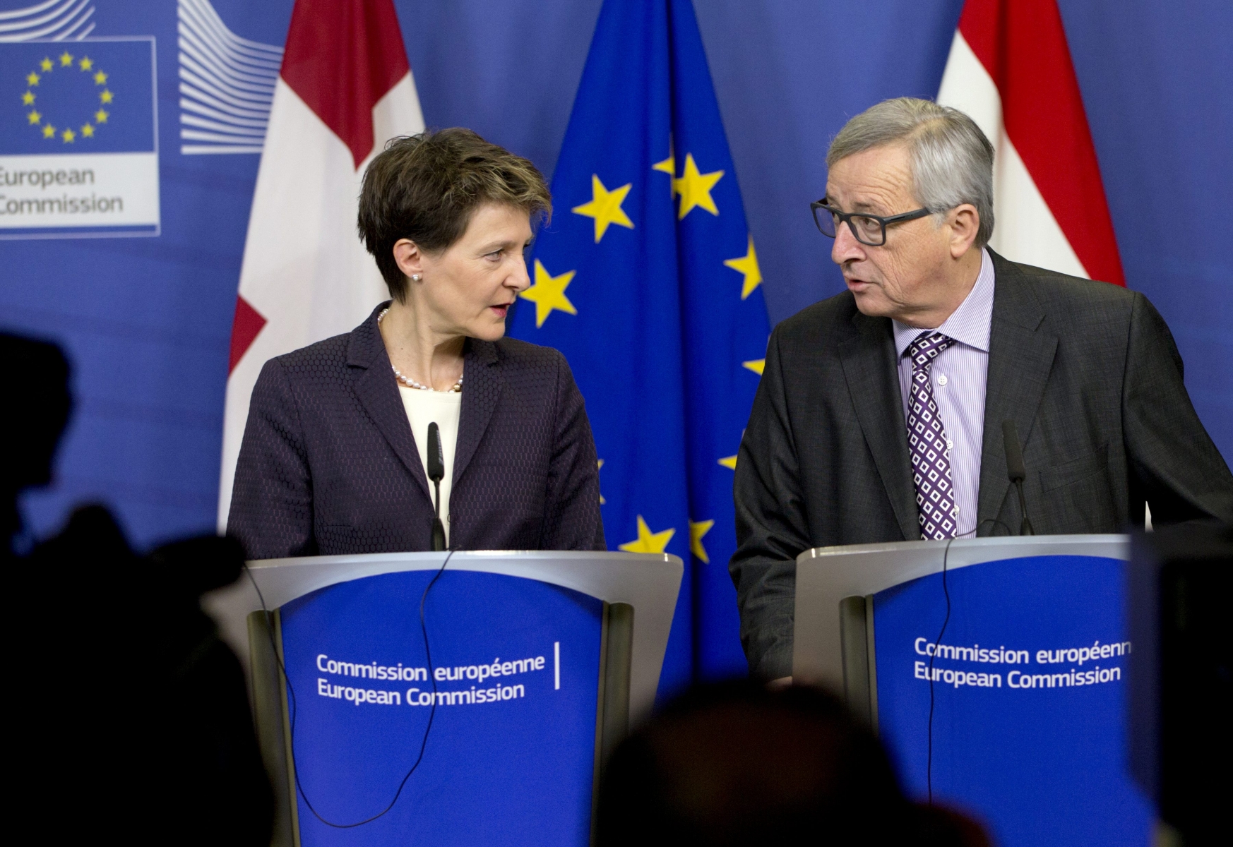 European Commission President Jean-Claude Juncker, right, and President of the Swiss Confederation Simonetta Sommaruga, participate in a media conference after a meeting at EU headquarters in Brussels on Monday, Dec. 21, 2015. (AP Photo/Virginia Mayo)