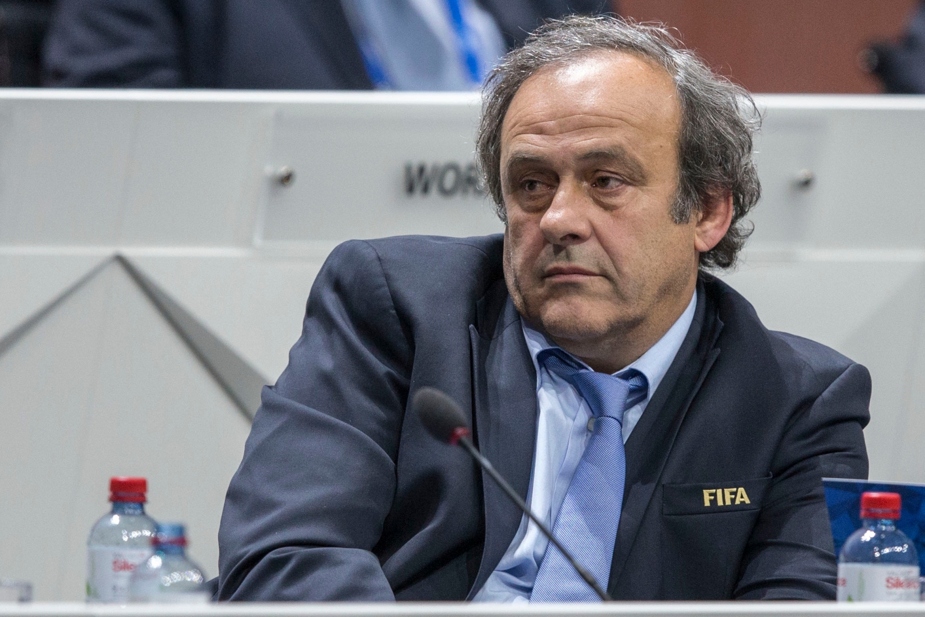 FIFA vice president and president of the UEFA Michel Platini reacts during the 65th FIFA Congress held at the Hallenstadion in Zurich, Switzerland, Friday, May 29, 2015. (KEYSTONE/Patrick B. Kraemer)t SCHWEIZ FUSSBALL FIFA KONGRESS 2015