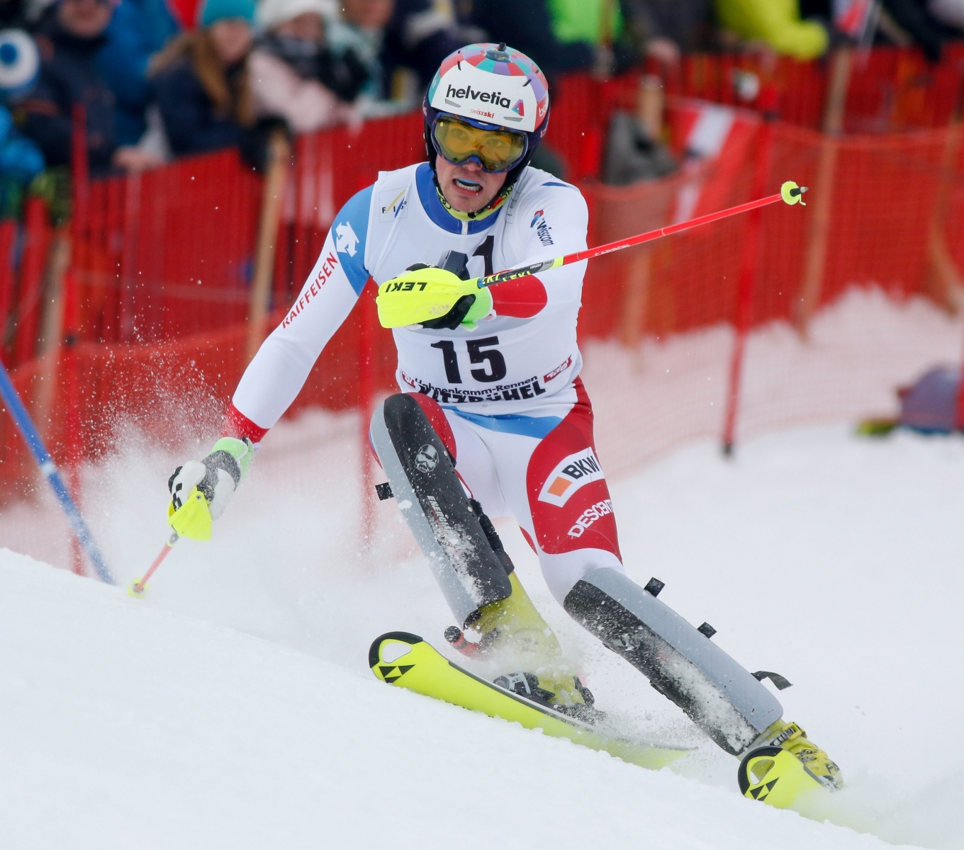 epa05122428 Daniel Yule of Switzerland clears a gate during the first run of the Men's Slalom race at the FIS Alpine Skiing World Cup  in Kitzbuehel, Austria, 24 January 2016.  EPA/EXPA / ERICH SPIESS AUSTRIA ALPINE SKIING WORLD CUP