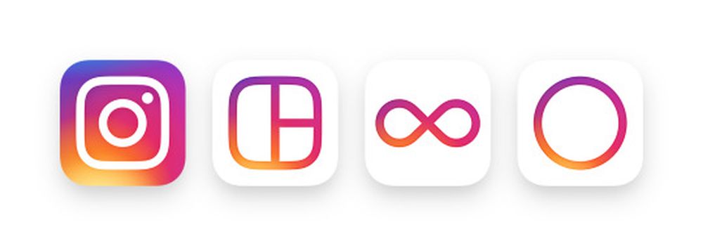 Dans l'ordre, le nouveau visuel d'Instagram, Layout, Boomerang et Hyperlapse.