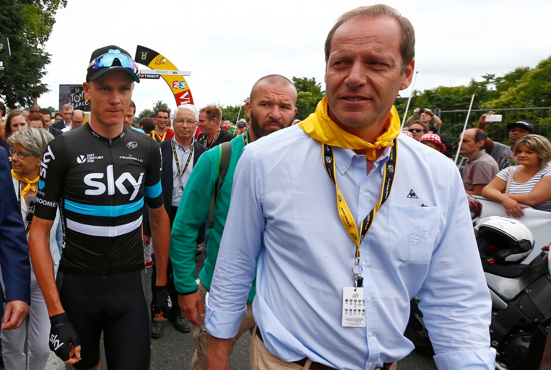 Tour de France director Christian Prudhomme, right, and BritainÌs Chris Froome arrive before the start of the eighth stage of the Tour de France cycling race over 184 kilometers (114.3 miles) with start in Pau and finish in Bagneres-de-Luchon, France, Saturday, July 9, 2016. (AP Photo/Peter Dejong)prudhomme RAD TOUR DE FRANCE 2016