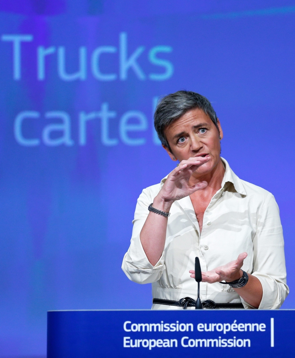 epa05431749 EU Commissioner for Competition, Danish, Margrethe Vestager gives a press conference on a case of anticompetitive practices, in Brussels, Belgium, 19 July 2016. The European Commission said it found MAN, Volvo/Renault, Daimler, Iveco, and DAF responsible of breaking EU antitrust rules. According to the Commission, the five truck makers have been fixing prices of trucks over 14 years on truck pricing. The Commission imposed a record fine of almost 3 billion euro on the truck makers except for MAN which had revealed the cartel's existence.  EPA/LAURENT DUBRULE BELGIUM EU TRUCK CARTEL