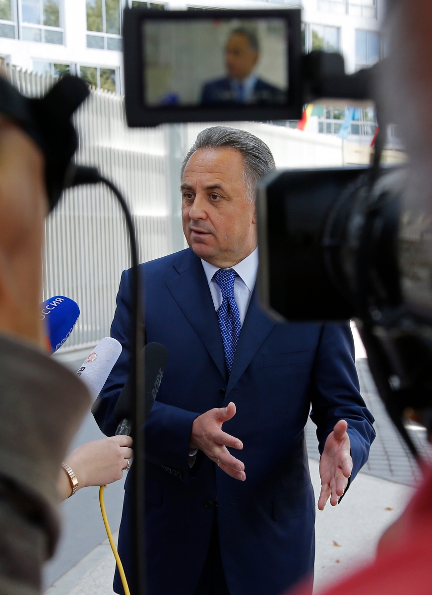 Russian Sports Minister Vitaly Mutko speaks to the media after a meeting with the working group, the Bureau for the convention on anti-doping, at the Unesco headquarters in Paris, Monday, Aug. 1, 2016. (AP Photo/Michel Euler) France Russia Doping