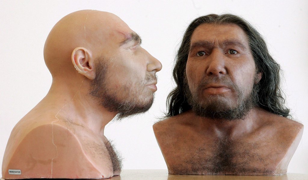 Two Neanderthal men with different distinctive growth of hair pictured in the Rheinisches Landesmuseum in Bonn, Germany, Tuesday, 13 June 2006. 150 years after its discovery the probably oldest celebrity of human history got a scientifically-proven face. The bones found in 1987 were the sample for the 'Living ancestor' made with a stereo lithograph.  EPA/Joerg Carstensen