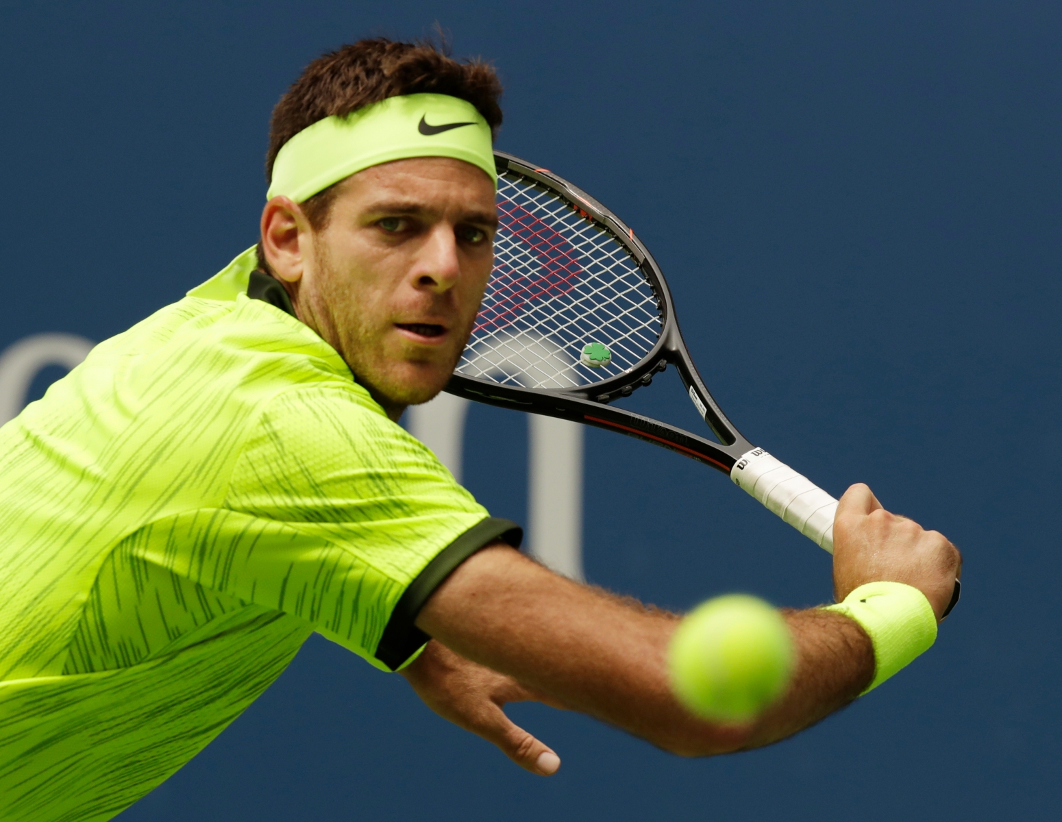 Juan Martin del Potro, of Argentina, returns a shot to Dominic Thiem, of Austria, during the fourth round of the U.S. Open tennis tournament, Monday, Sept. 5, 2016, in New York. (AP Photo/Charles Krupa) US Open Tennis
