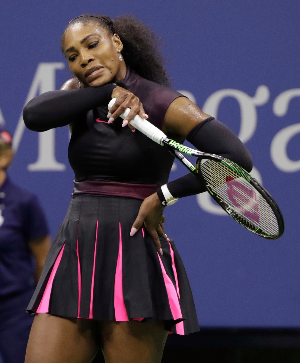 Serena Williams reacts after a shot from Karolina Pliskova, of the Czech Republic, during the semifinals of the U.S. Open tennis tournament, Thursday, Sept. 8, 2016, in New York. (AP Photo/Darron Cummings) US Open Tennis