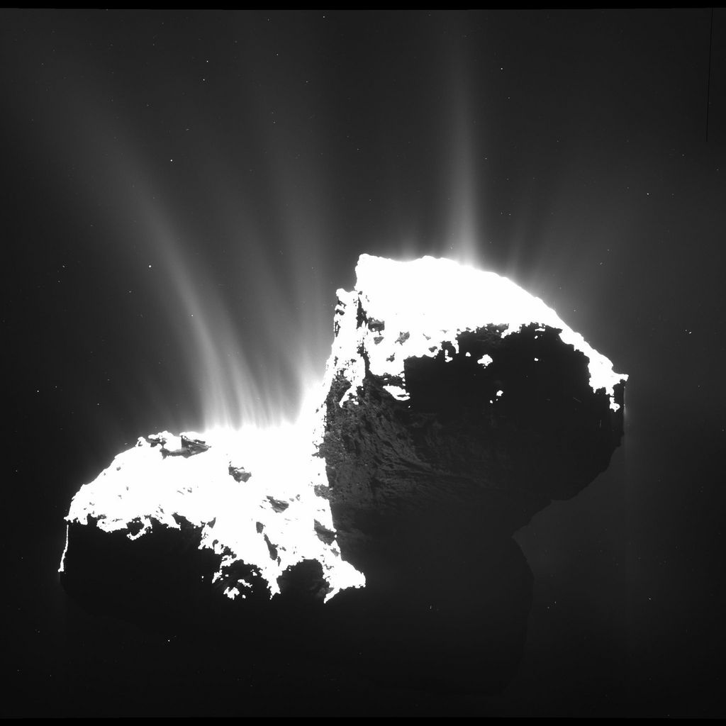 The  photo released by ESA and taken by OSIRIS wide-angle camera on the Rosetta space probe on Nov. 22, 2014 from a distance of 30 km (18.6 miles) from Comet 67P/Churyumov-Gerasimenko shows the faint jets of the comet's activity. After a journey lasting 12 years, a date has been set for the Rosetta spacecraft's final descent onto comet 67P/Churyumov-Gerasimenko. The European Space Agency says the probe will crash onto the comet Sept. 30, joining its sidekick Philae. The lander touched down nearly two years ago.   (ESA/Rosetta/OSIRIS via AP)