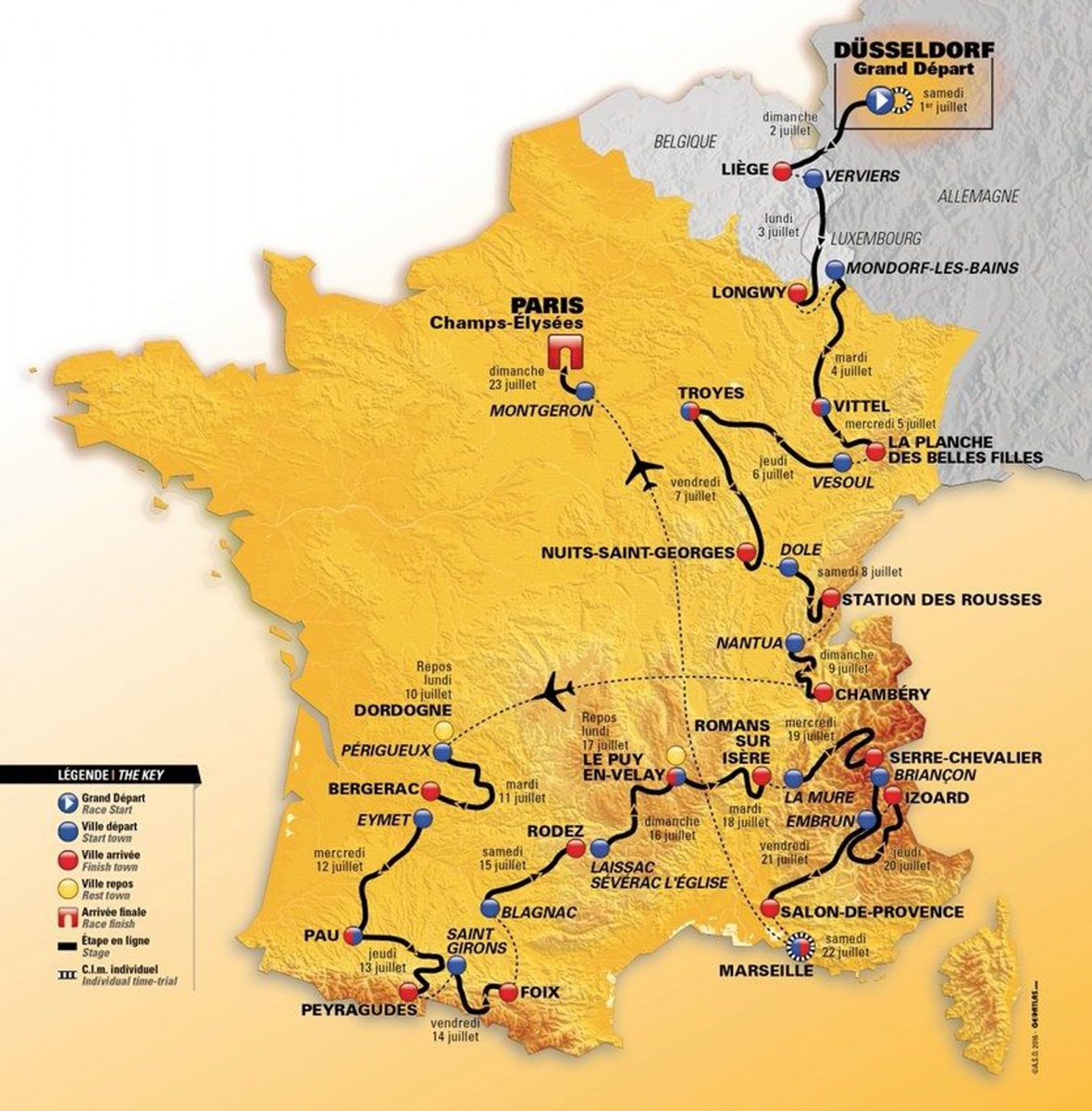 This image released by Amaury Sport Organization, (ASO), the Tour de France race's organizer, shows the official map of the 2017 Tour de France cycling race that was unveiled in Paris, France, Tuesday, Oct. 18, 2016. The race starts with a prologue in Dusseldorf, Germany, and counts 20 stages. (ASO via AP) France Cycling Tour de France