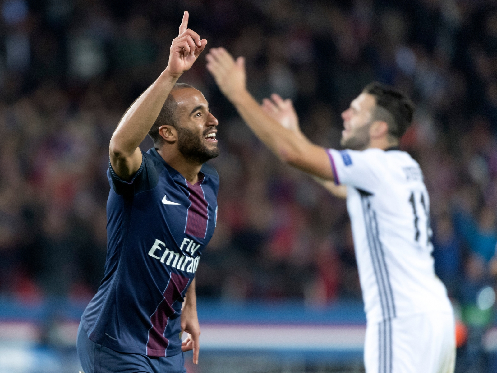 Paris' Lucas cheers after scoring during an UEFA Champions League Group stage Group A matchday 3 soccer match between France's Paris Saint-Germain Football Club and Switzerland's FC Basel 1893 at the Parc des Princes stadium in Paris, France, on Wednesday, October 19, 2016. (KEYSTONE/Georgios Kefalas) FRANCE UEFA CHAMPIONS LEAGUE PARIS BASEL
