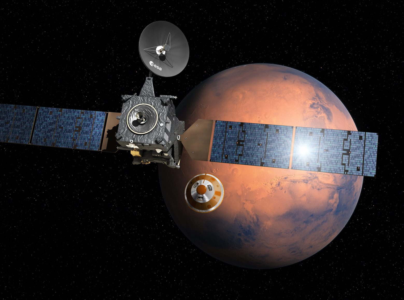 Artistís impression provided by the European Space Agency, ESA, depicting the separation of the ExoMars 2016 entry, descent and landing demonstrator module, named Schiaparelli, center, from the Trace Gas Orbiter, TGO, left, and heading for Mars. The separation was scheduled to occur on Sunday, Oct. 16, about seven months after launch. Schiaparelli is set to enter the martian atmosphere on Wednesday, Oct. 19, 2016 while TGO will enter orbit around Mars. The probe will take images of Mars and conduct scientific measurements on the surface, but its main purpose is to test technology for a future European Mars rover.  Schiaparelli's mother ship will remain in orbit to analyze gases in the Martian atmosphere to help answer whether there is or was life on Mars.  (ESA/D. Ducros via AP) Europe Mars Mission