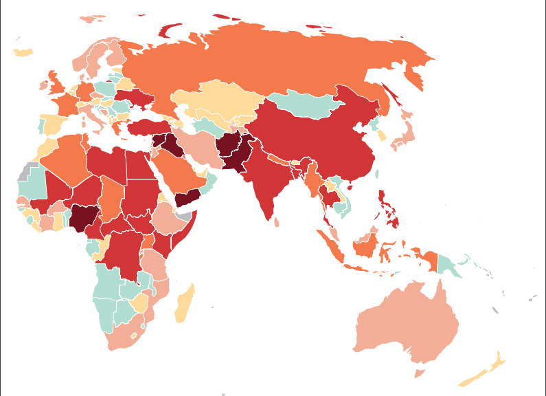 Les pays ont été plus ou moins touchés par le terrorisme en 2015.