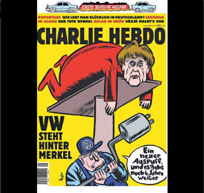 La Une du Charlie Hebdo allemand lie le scandale VW avec le 4e mandat qu'espère Angela Merkel.
