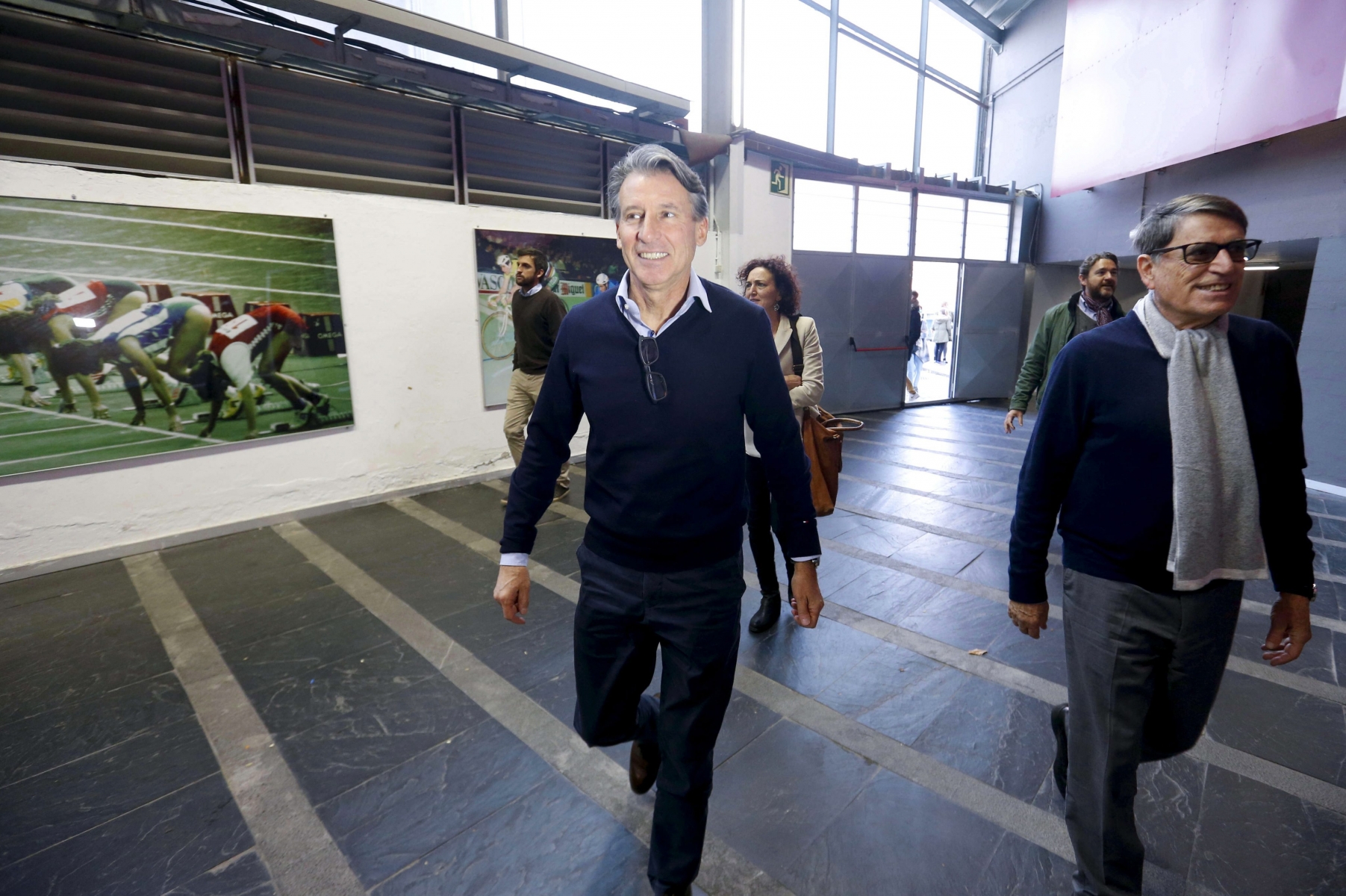 epa05665812 IAAF President Sebastian Coe (C) attends a ceremony marking the first century of the Guipuzkoa Athletics Federation at the Anoeta indoor arena in San Sebastian, northern Spain, 08 December 2016. The Guipuzkoa Athletics Federation paid homage to Coe in the same arena where he won his first international gold medal about fourty years ago.  EPA/JUAN HERREROathlé SPAIN ATHLETICS IAAF