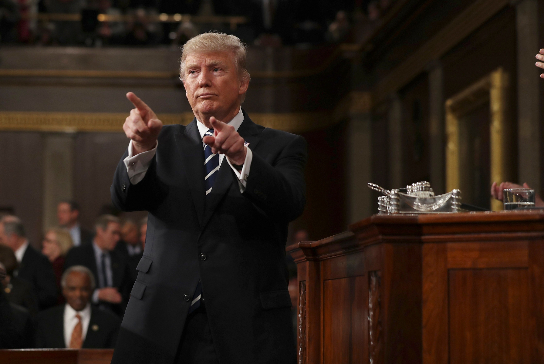 epa05821918 US President Donald J. Trump reacts after delivering his first address to a joint session of Congress from the floor of the House of Representatives in Washington, DC, USA, 28 February 2017. Traditionally the first address to a joint session of Congress by a newly-elected president is not referred to as a State of the Union.  EPA/JIM LO SCALZO / POOL USA TRUMP PRESIDENTIAL ADDRESS