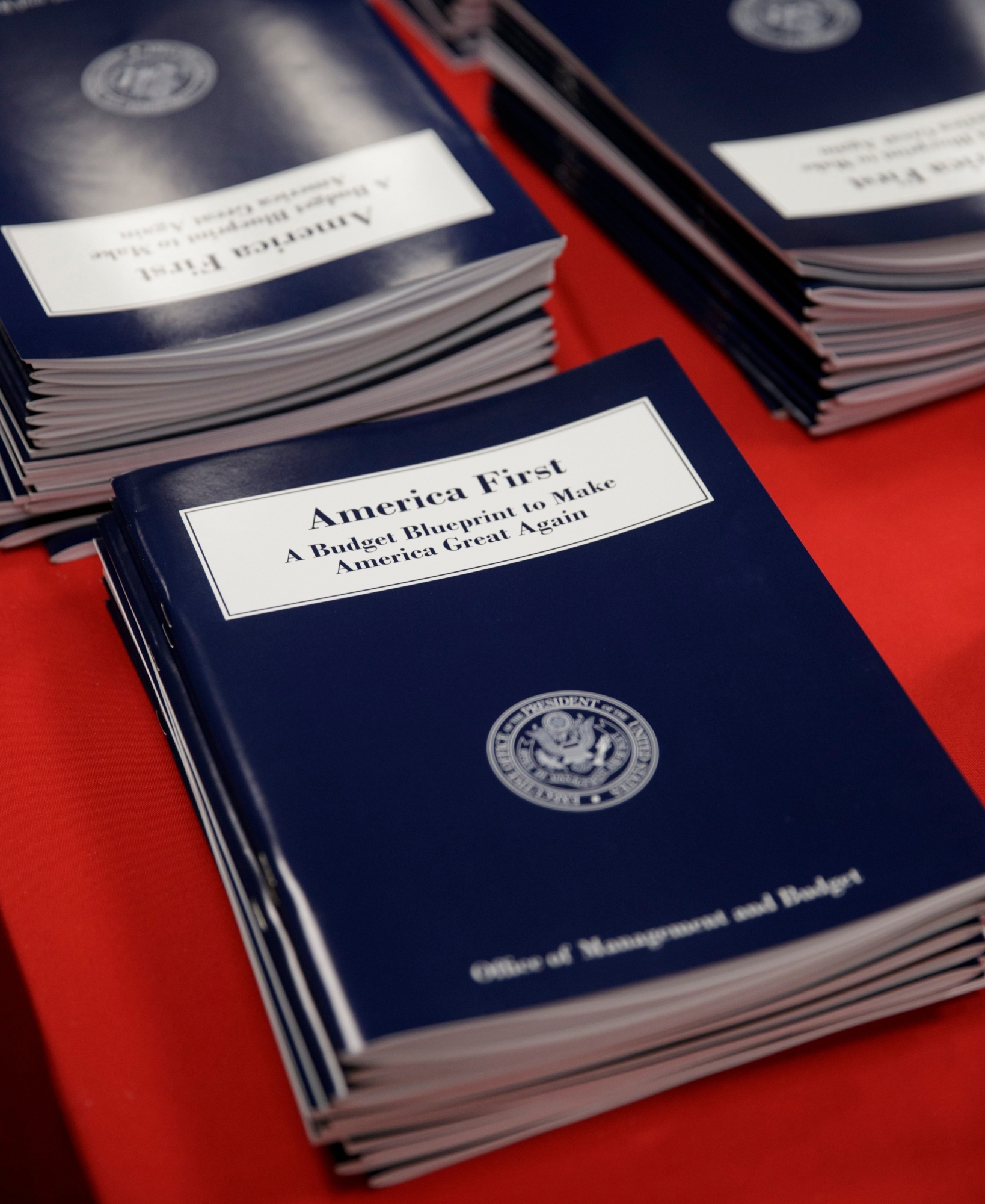 Copies of President Donald Trump's first budget are displayed at the Government Printing Office in Washington, Thursday, March, 16, 2017. Trump unveiled a $1.15 trillion budget on Thursday, a far-reaching overhaul of federal government spending that slashes many domestic programs to finance a significant increase in the military and make a down payment on a U.S.-Mexico border wall.  (AP Photo/J. Scott Applewhite) Trump Budget