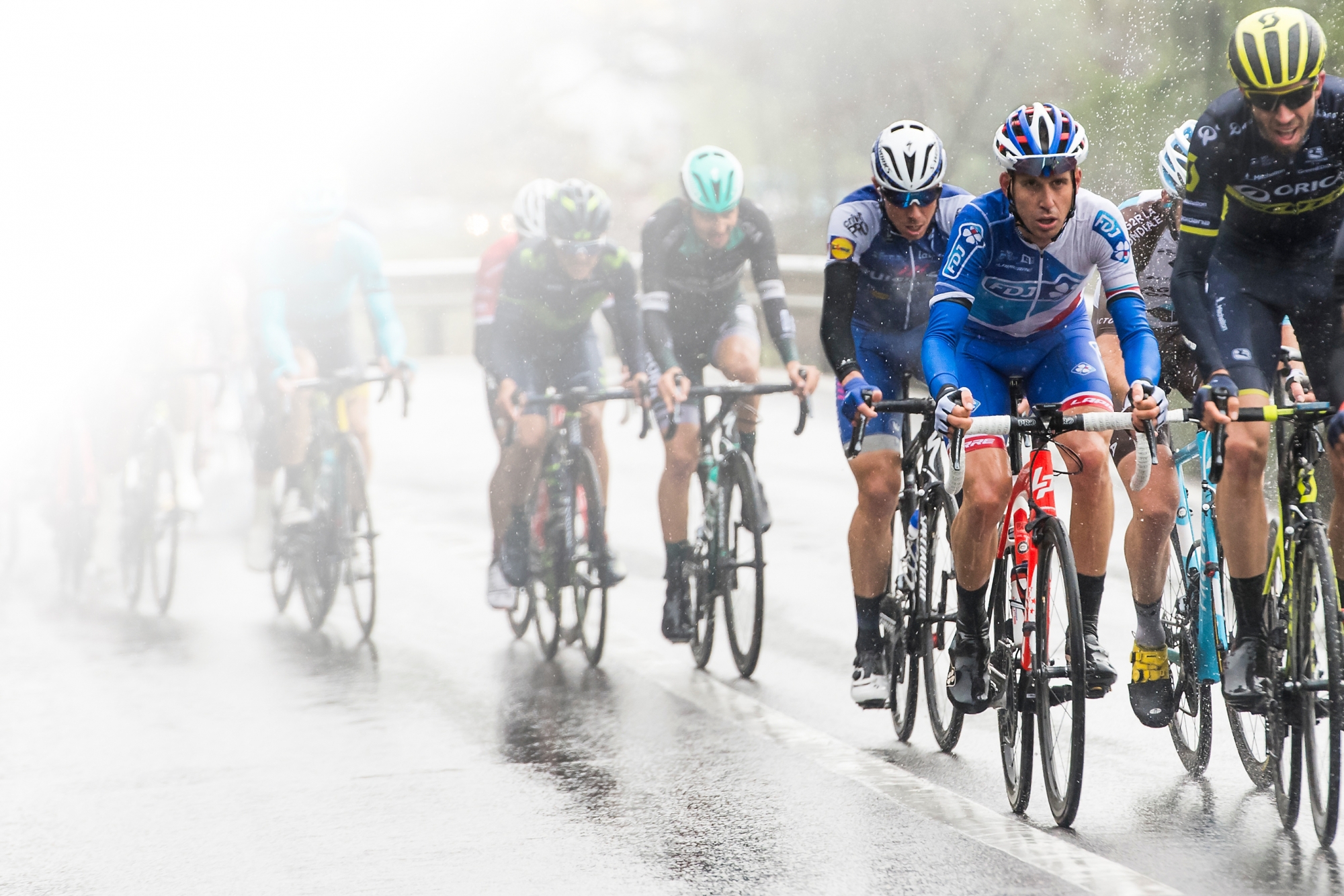 Sebastien Reichenbach from Switzerland of team FDJ, right, in action with the pack rides during the first stage, a 173.3 km race between Aigle and Champery at the 71th Tour de Romandie UCI ProTour cycling race in Troistorrents, Switzerland, Wednesday, April 26, 2017. (KEYSTONE/Jean-Christophe Bott) SWITZERLAND CYCLING TOUR DE ROMANDIE
