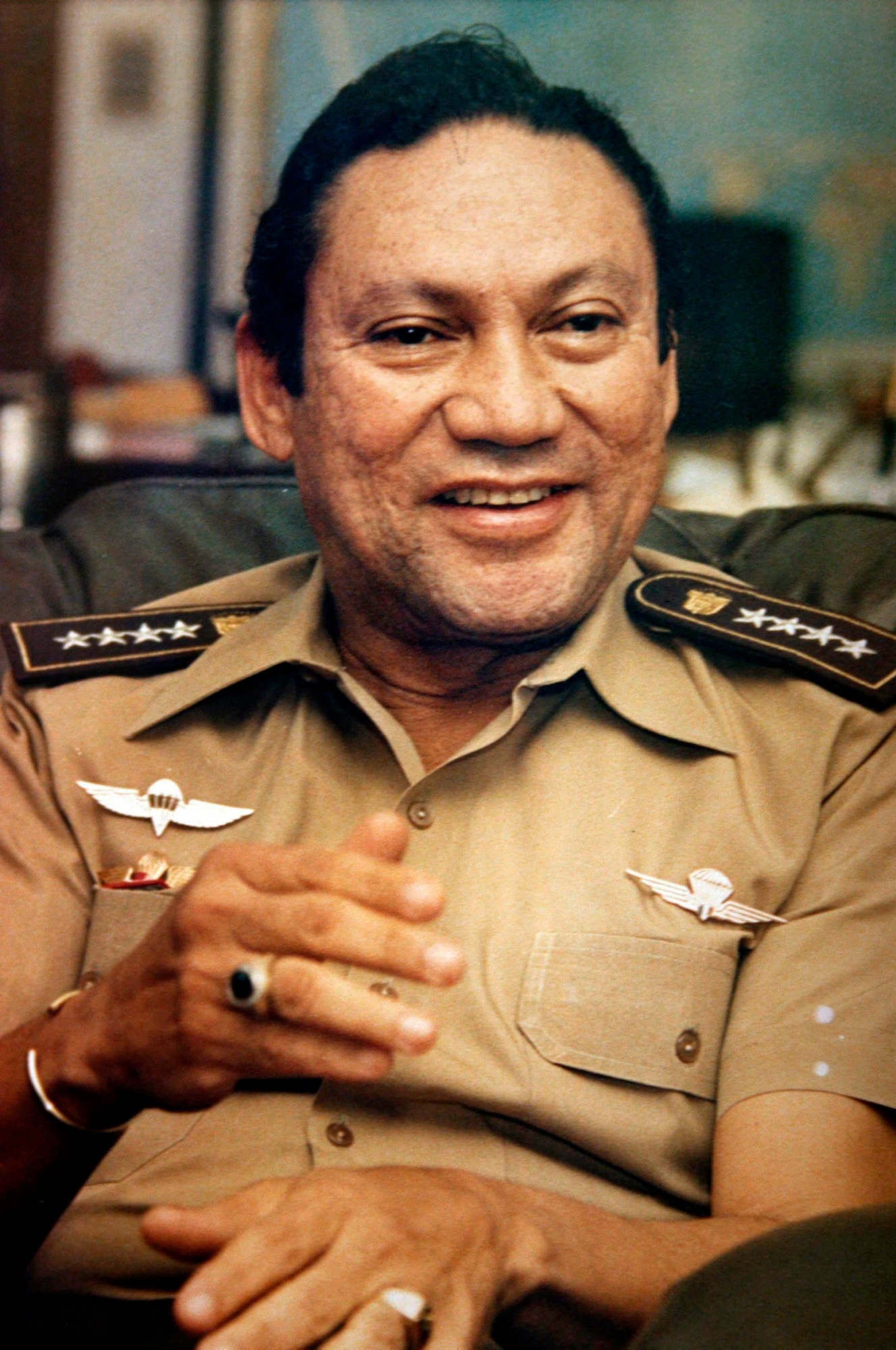 FILE - In this Nov. 8, 1989 file photo, Panamanian military strongman Gen. Manuel Noriega talks to reporters in Panama City. Panama's ex-dictator Noriega died Monday, May 29, 2017, in a hospital in Panama City. He was 83. (AP Photo, File) Panama Noriega Obit