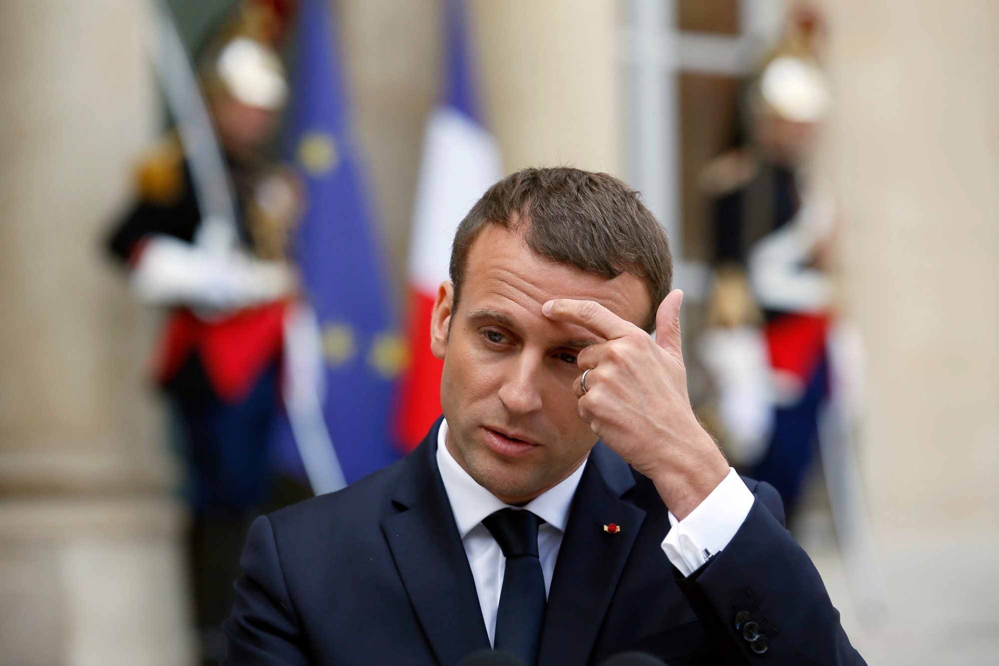 French President Emmanuel Macron gestures during a joint press conference with Dutch Prime Minister Mark Rutte after their meeting at the Elysee Palace in Paris, France, Friday, June 16, 2017. French president Emmanuel Macron is holding a series of meetings with European leaders in Paris, as Brexit negotiations are due to start next week. (AP Photo/Francois Mori) France Netherlands