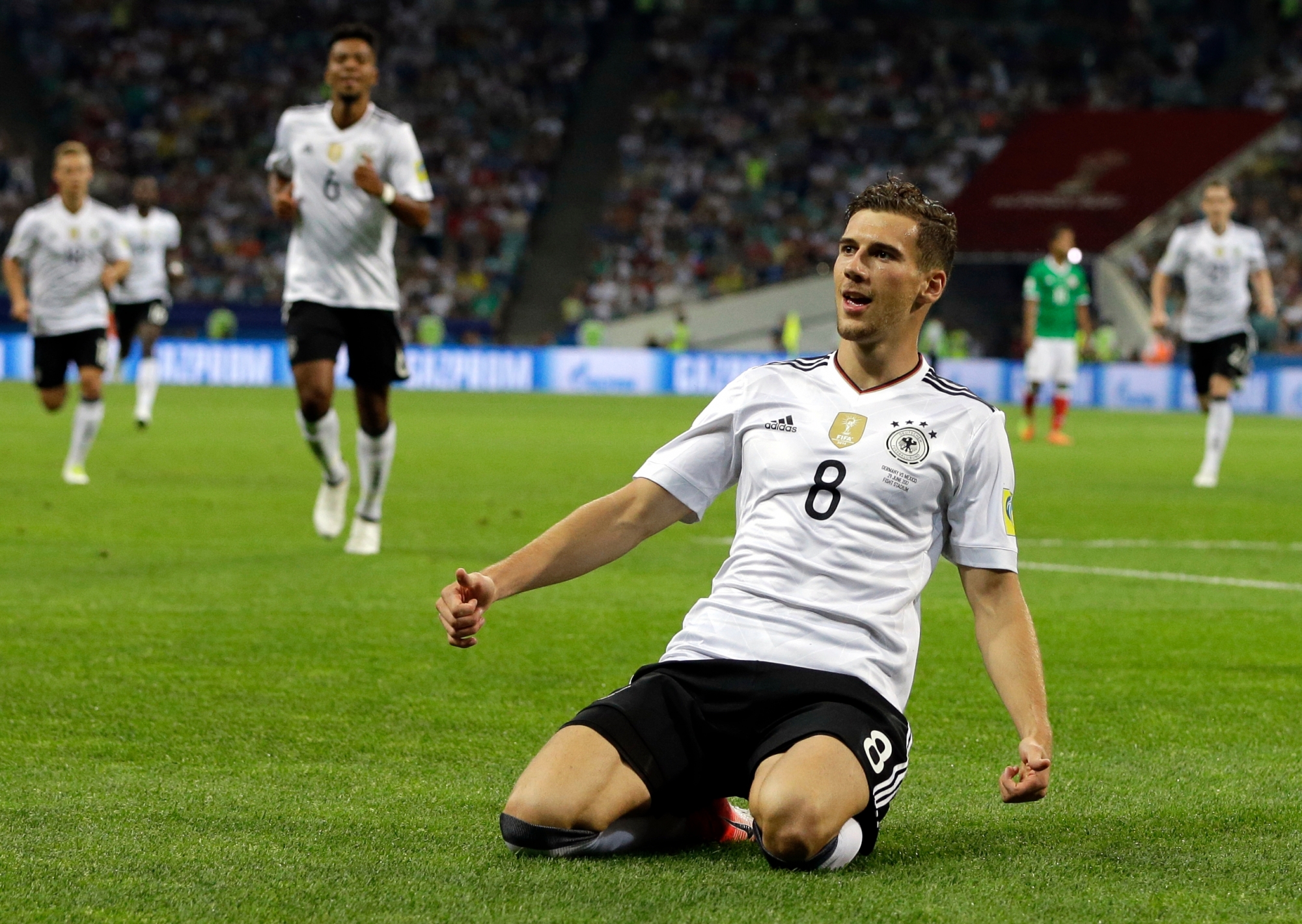 Germany's Leon Goretzka celebrates after scoring the opening goal during the Confederations Cup, semifinal soccer match between Germany and Mexico, at the Fisht Stadium in Sochi, Russia, Thursday, June 29, 2017. (AP Photo/Thanassis Stavrakis) Soccer Confed Cup Germany Mexico