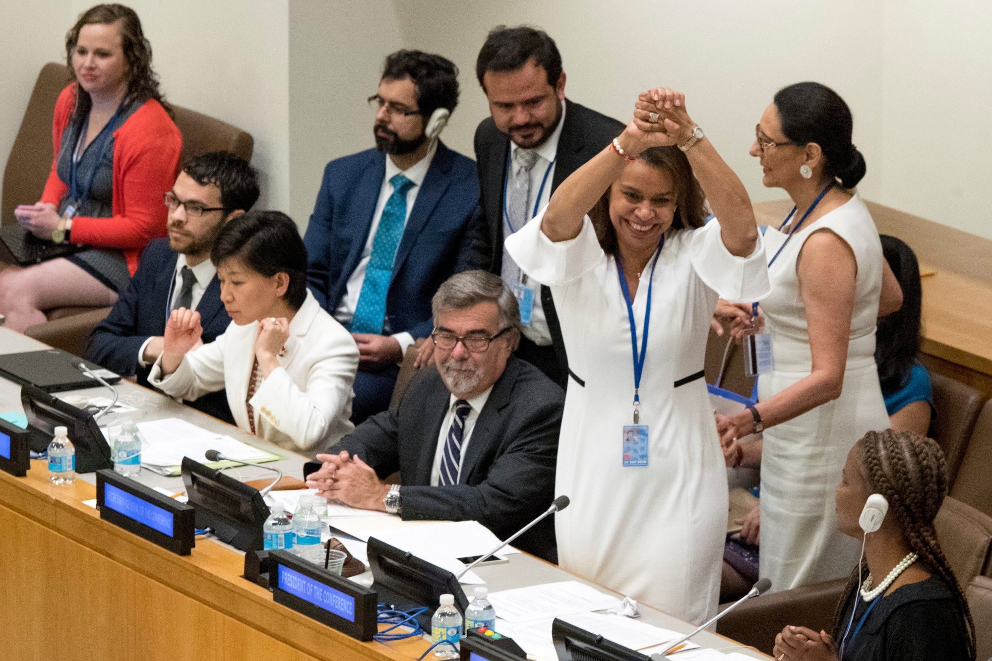 Costa Rican Ambassador Elayne Whyte Gomez, President of the United Nations Conference to Negotiate a Legally Binding Instrument to Prohibit Nuclear Weapons, reacts after a vote by the conference to adopt a legally binding instrument to prohibit nuclear weapons, leading towards their total elimination, Friday, July 7, 2017 at United Nations headquarters. More than 120 countries have approved the first-ever treaty banning nuclear weapons at a U.N. meeting boycotted by all nuclear-armed nations. Friday's vote was 122 countries in favor with the Netherlands opposed and Singapore abstaining.(AP Photo/Mary Altaffer) UN Nuclear Treaty