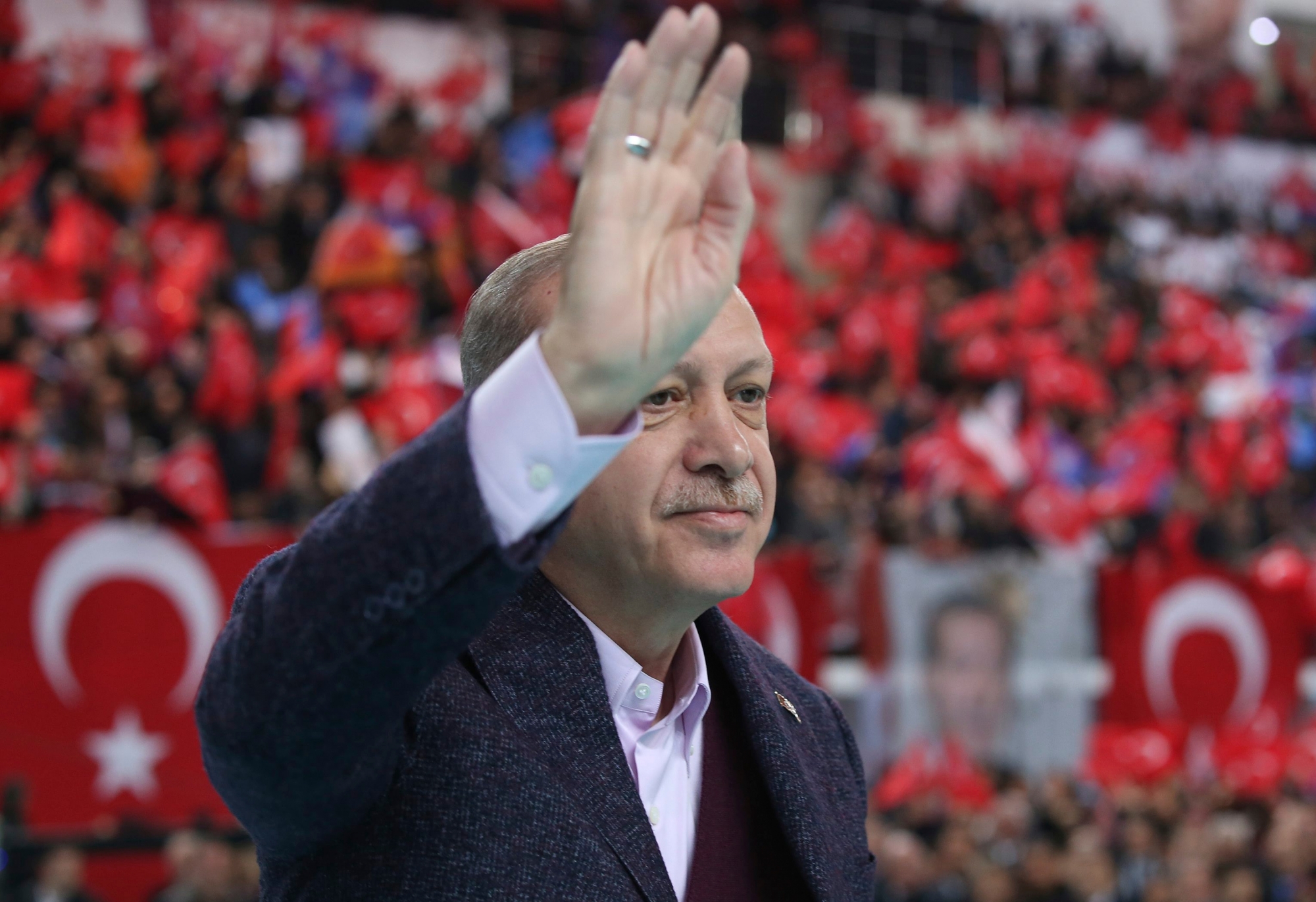 Turkey's President Recep Tayyip Erdogan waves to supporters before delivering a speech at his ruling political party's conference in Sivas, central Turkey, Sunday, Dec. 10, 2017. Erdogan has escalated his vitriol over the U.S decision to recognise Jerusalem as Israel's capital, calling Israel a "terror state''. (Yasin Bulbul/Pool Photo via AP) Turkey Israel Palestinians