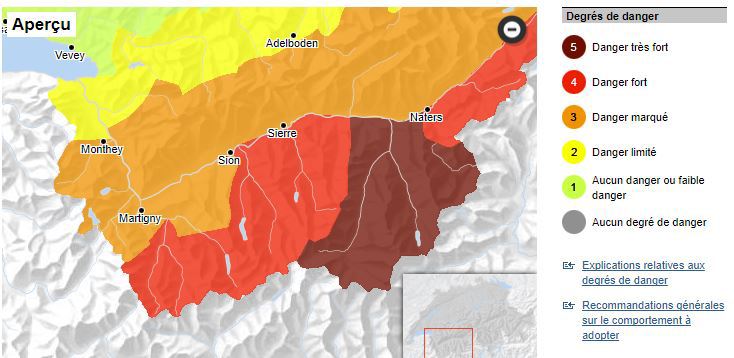 La carte de danger d'avalanche pour le Valais atteint exceptionnellement le degré 5.