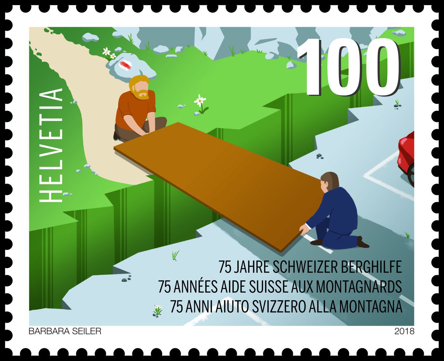 Barbara Seiler a choisi d'illustrer son timbre avec un pont. Un symbole qui illustre la solidarité entre la Suisse urbaine et les régions de montagne.