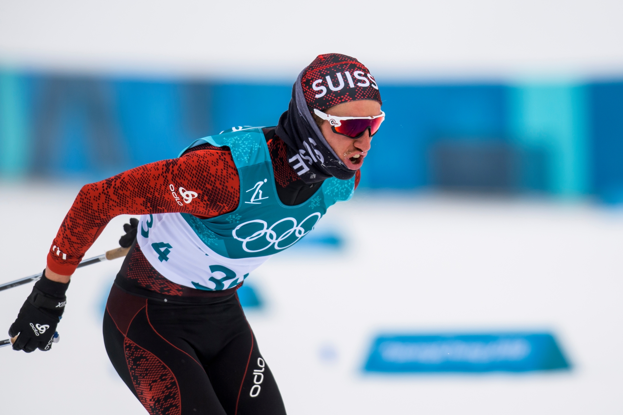 Candide Pralong of Switzerland in action during the men Cross Country Skiing 15 km + 15 km Skiathlon during the XXIII Winter Olympics 2018 at the Alpensia Cross-Country Skiing Centre in Pyeongchang, South Korea, on Sunday, February 11, 2018. (KEYSTONE/Jean-Christophe Bott) PYEONGCHANG 2018 CROSS COUNTRY