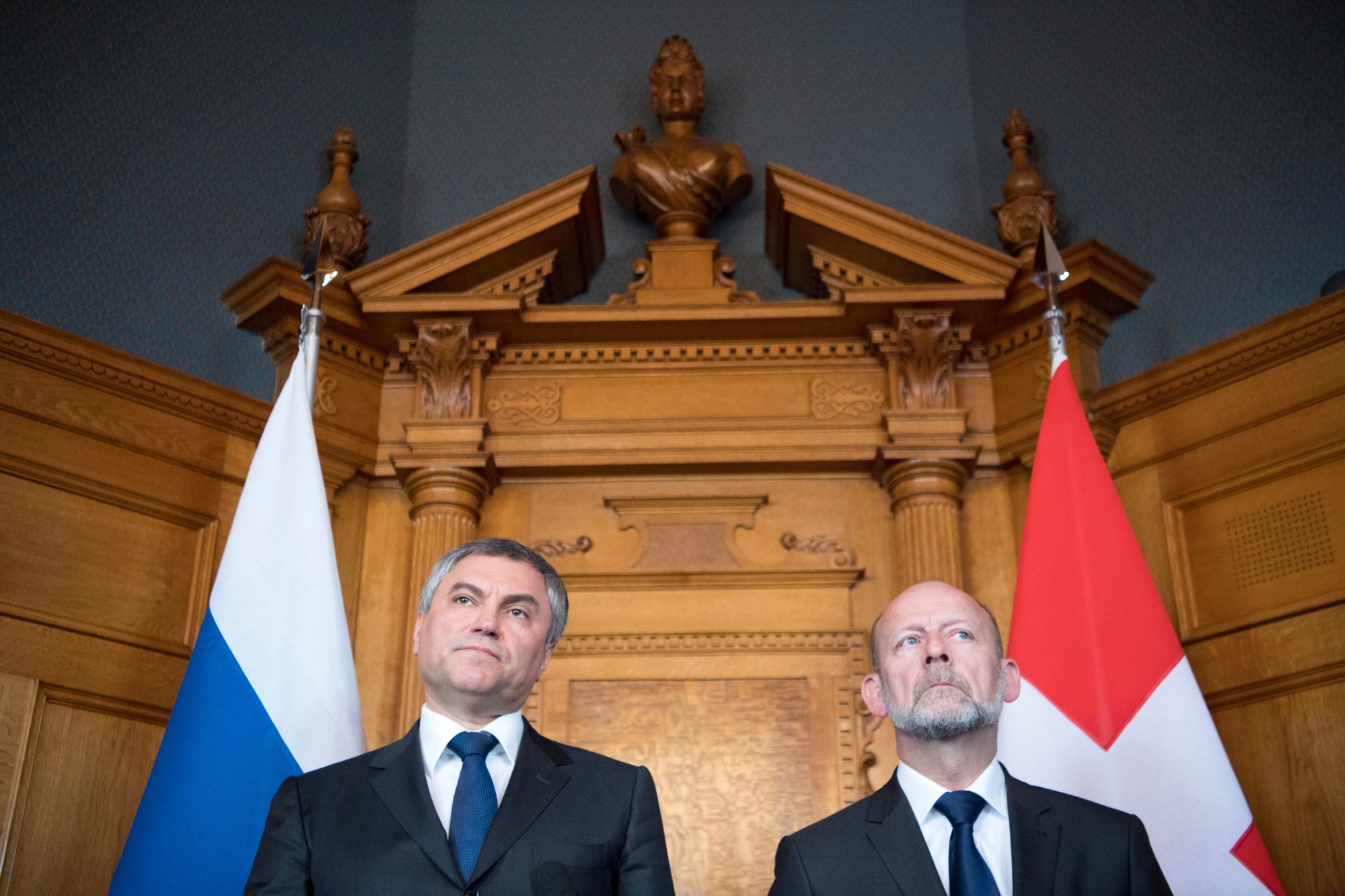 The Russian State Duma Speaker Vyacheslav Volodin, left, and the Swiss President of the National Council Dominique De Buman, right, are pictured at a press conference during a official visit at the Swiss Parliament, in Bern, Switzerland, this Monday, February 19, 2018. (KEYSTONE/Anthony Anex) SWITZERLAND VISIT OF DUMA PRESIDENT