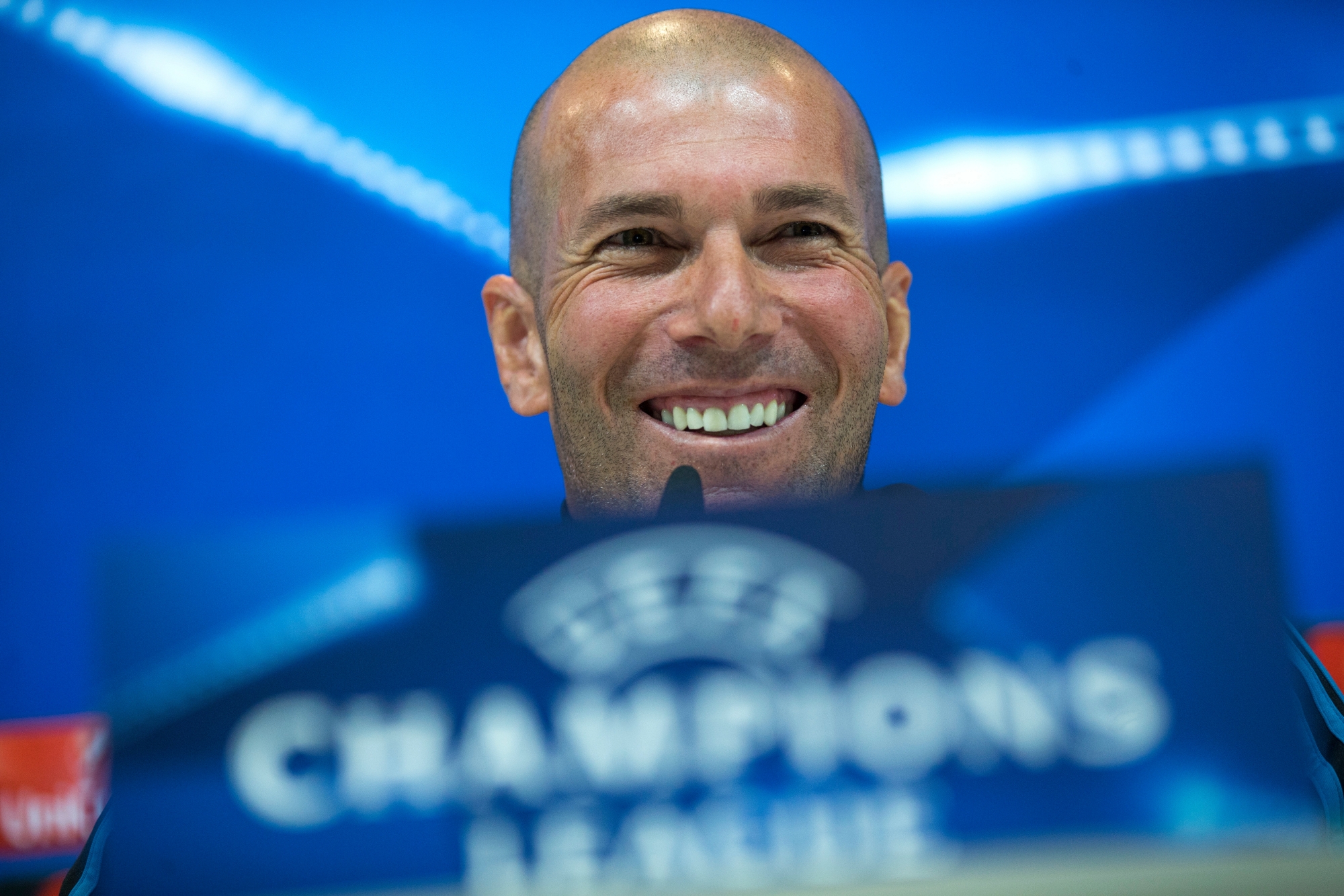 Real Madrid head coach Zinedine Zidane talks to journalists during a news conference at the team's Valdebebas training ground in Madrid, Monday, April 30, 2018. Real Madrid will play a Champions League semi final second leg soccer match with Bayern Munich on Tuesday, May 1. (AP Photo/Francisco Seco) Spain Soccer Champions League
