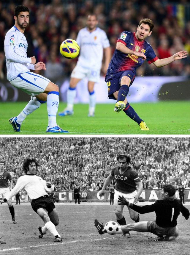 Lionel Messi (haut) a battu le record mondial du nombre de buts inscrits en une année civile. Il était jusqu'à aujourd'hui détenu par Gerd Müller. 
